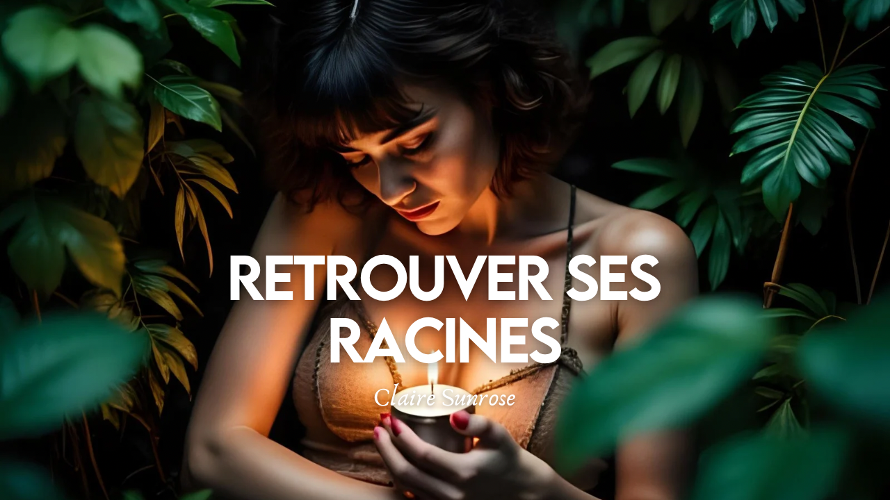 Visuel spirituel représentant une femme méditant dans une jungle luxuriante, tenant une bougie allumée dans ses mains, symbole d’ancrage et de reconnexion intérieure. Le texte « Retrouver ses racines – Claire Sunrose » apparaît au centre.