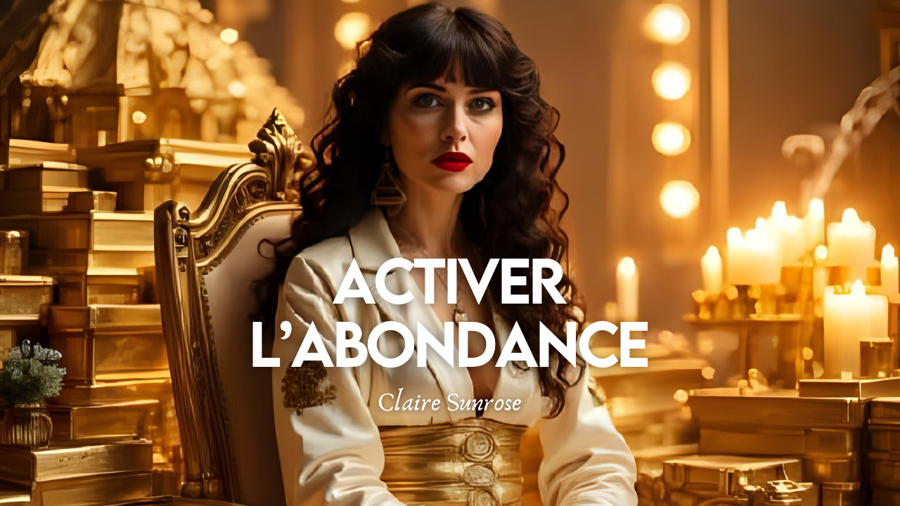 Femme vêtue de blanc et d’or assise sur un trône entourée de bougies et de lingots dorés, représentant le soin spirituel « Activer l’abondance » de Claire Sunrose, symbole de richesse, de rayonnement et de prospérité intérieure.