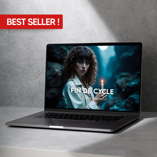 Ordinateur portable affichant la couverture du soin « Fin de cycle » de Claire Sunrose, montrant une femme tenant une bougie dans une atmosphère mystique bleutée, avec la mention « Best Seller » en haut à gauche.
