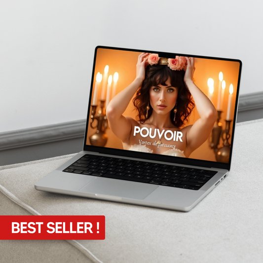 Ordinateur portable affichant la couverture du soin « Pouvoir – Vortex de puissance » de Claire Sunrose, représentant une femme posant une couronne dorée ornée de roses sur sa tête, entourée de chandeliers allumés, avec la mention « Best Seller » en bas à gauche