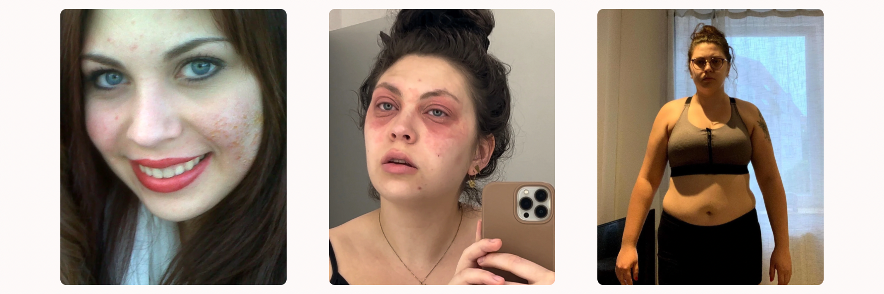 Trilogie de portraits montrant une femme à différents moments de sa vie : un premier plan souriant, un moment de fatigue avec le visage marqué, et une photo debout en tenue de sport. L’image illustre un parcours de transformation et de force intérieure